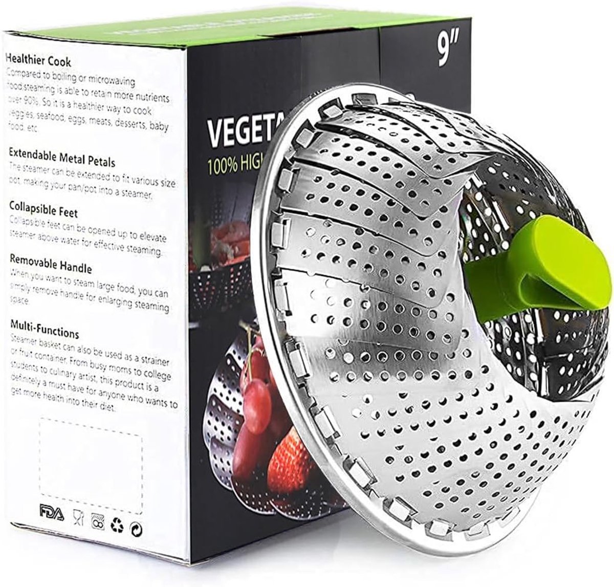 Vouwbare Stoominzet voor Groenten van RVS met Verstelbare Handgreep en Antislip Poten (14cm tot 24cm) voor Gezond Koken en Stomen