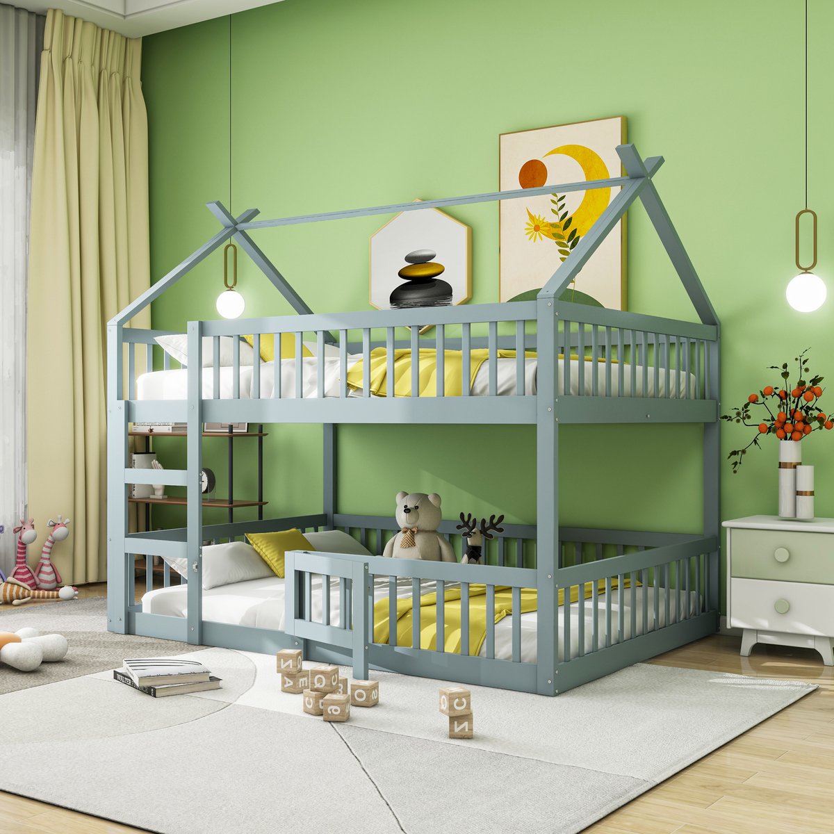 Kinder stapelbed met speelzolder - 140x200 cm familiebed - grijs - massief hout en metalen details - trap met hoge veiligheidsranden - onderbed met deur voor speel- en opbergruimte