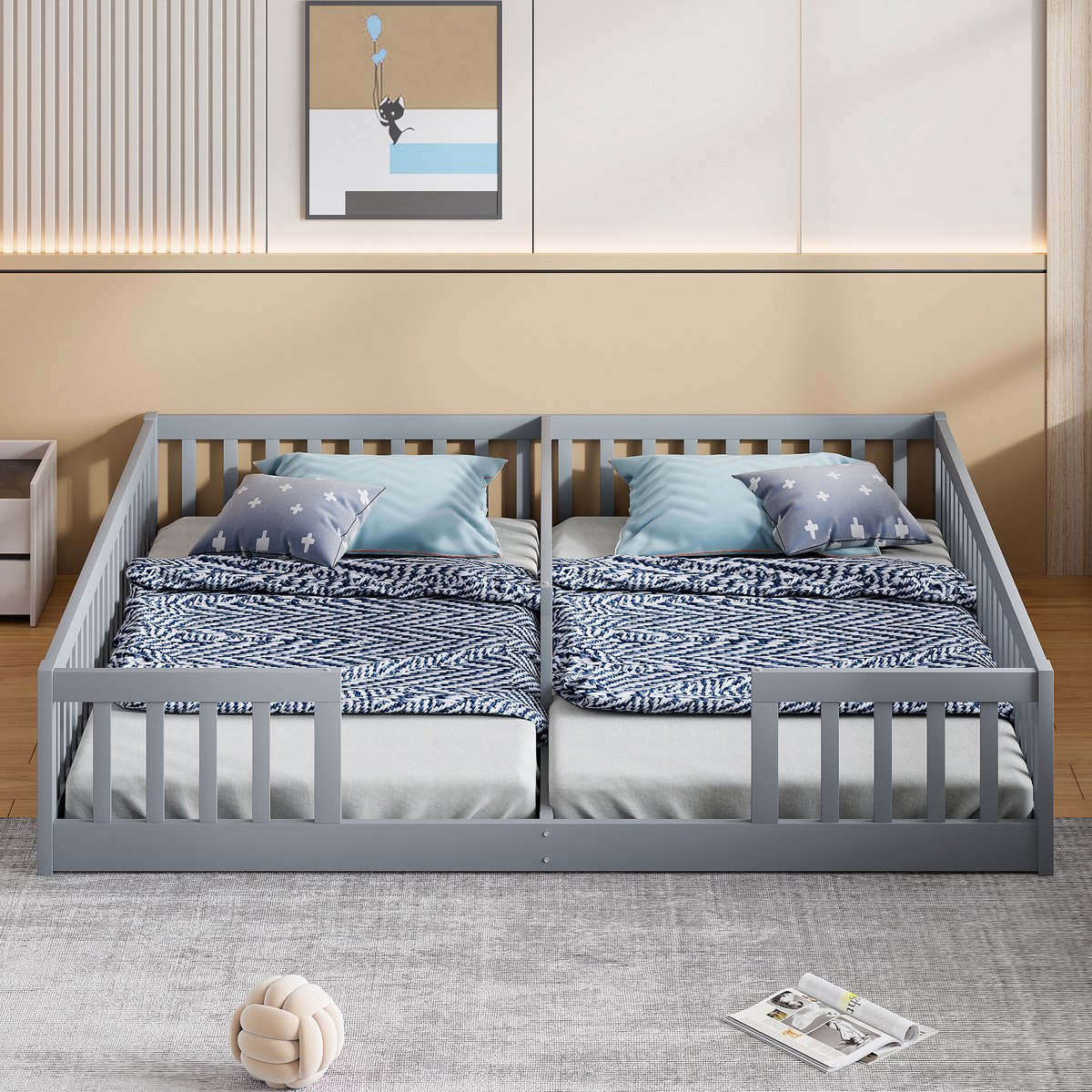 Kinderbed set van 2 - Veilig en minimalistisch paneelbed voor broers, zussen of logés - 90x200 cm - Grijs - Stevig grenenhouten frame met veiligheidshek en lattenbodem