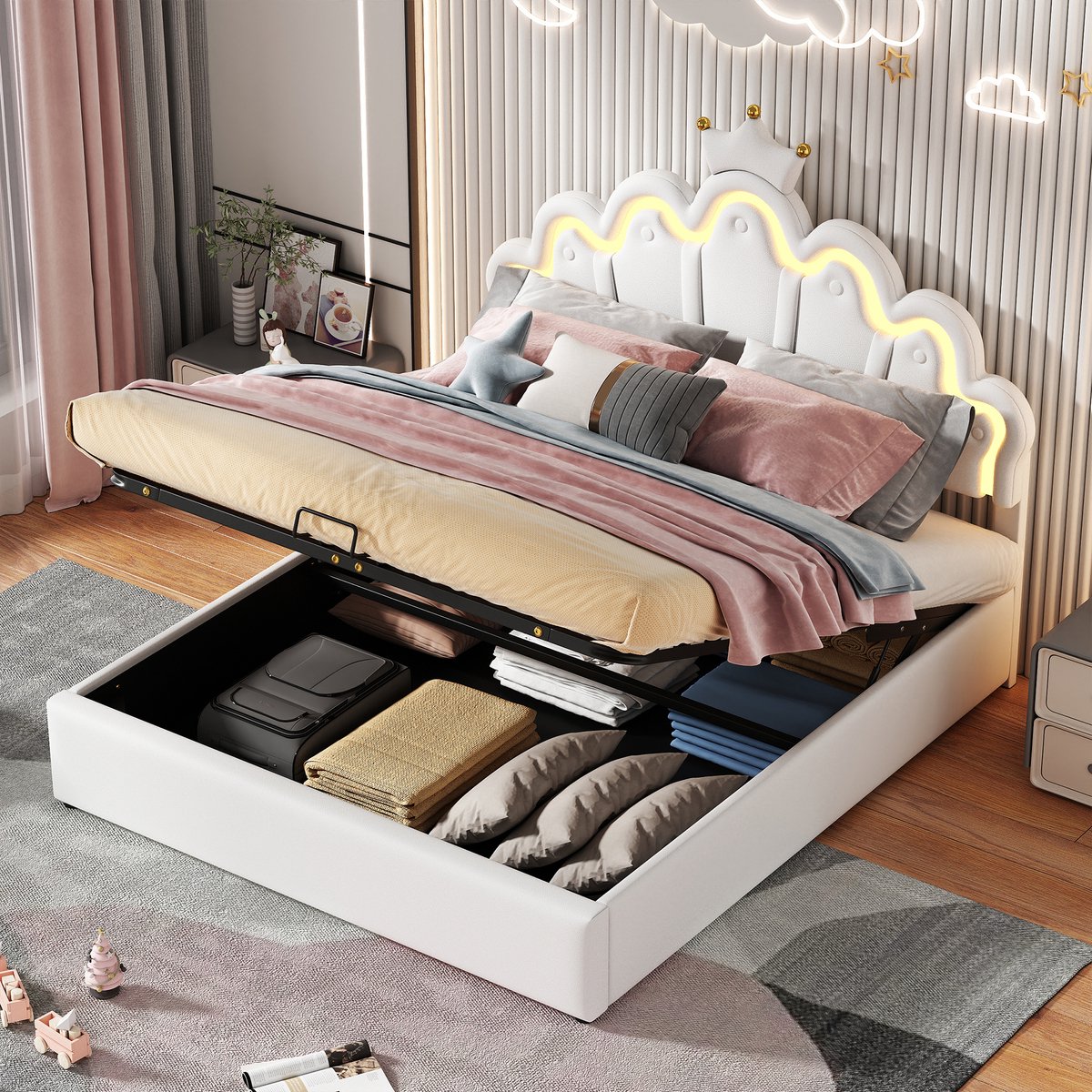 Prinsessenbed - Sprookjesachtig design met kroon en app-gestuurde LED-sfeerverlichting - 140x200 cm - Wit - Inclusief hydraulische opbergruimte - Eenvoudig te reinigen PU-kunstleer