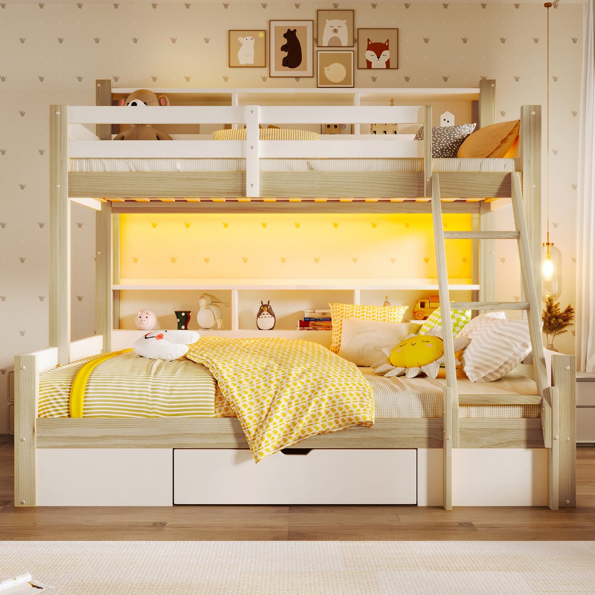 Stapelbed met LED-verlichting en opbergvakken - 90x200 cm boven + 140x200 cm onder - wit+natuur - ladder links/rechts monteerbaar - incl. lade - stevig grenen frame