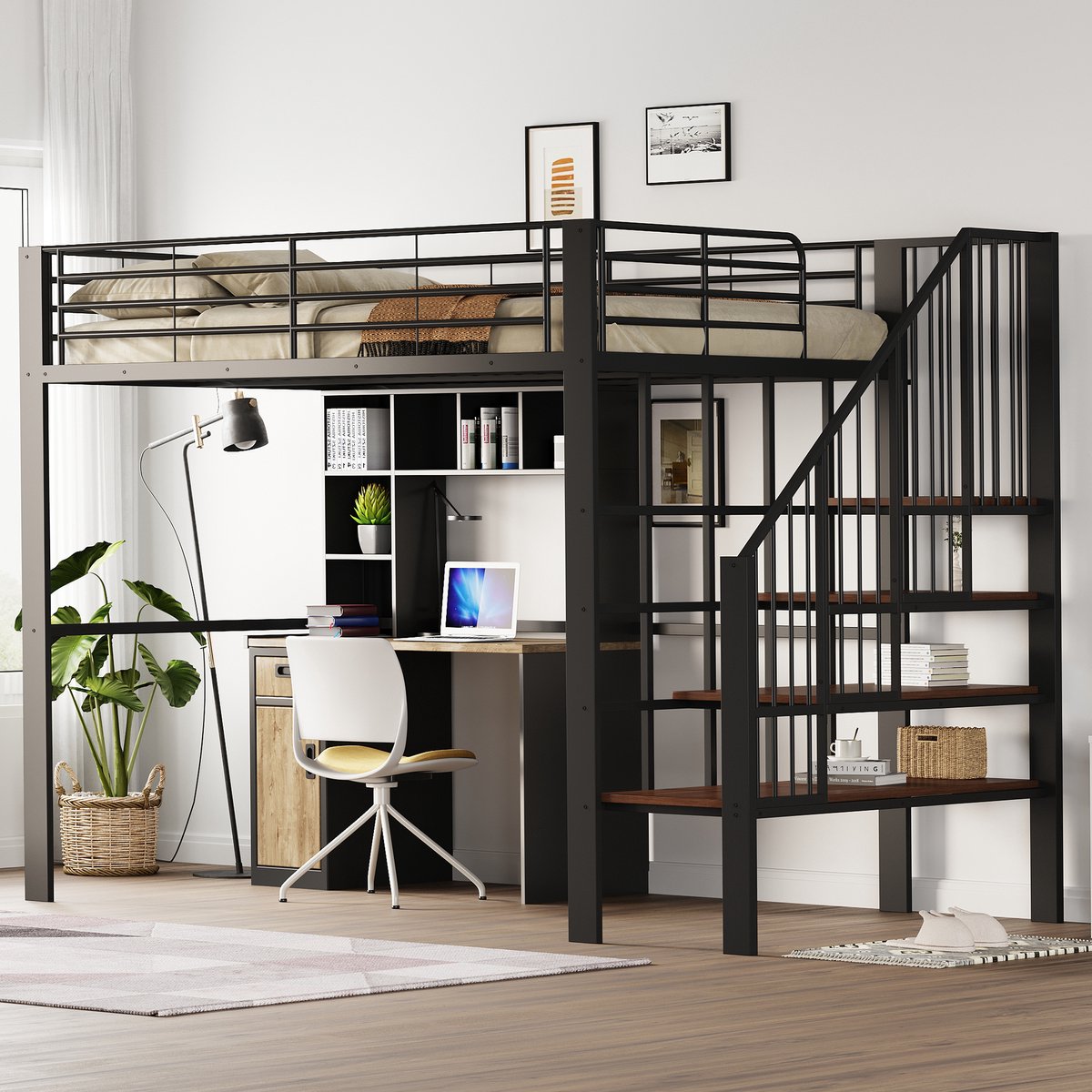Hoogbed - Met ruime opbergruimte onder het bed en stevige trap - 140x200 cm - Geschikt voor kinderen en volwassenen - Stabiele metalen constructie - Maximale ruimte-efficiëntie