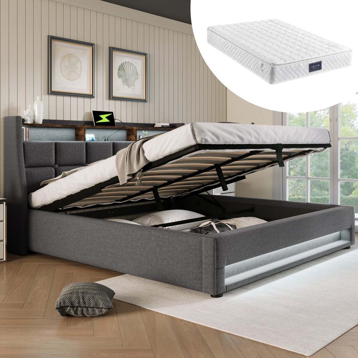 Gestoffeerd bed met LED en matras - 140x200 cm tweepersoons - Grijs linnen - USB-poorten en opbergruimte - 7-zones pocketveringmatras H3 (620 veren)