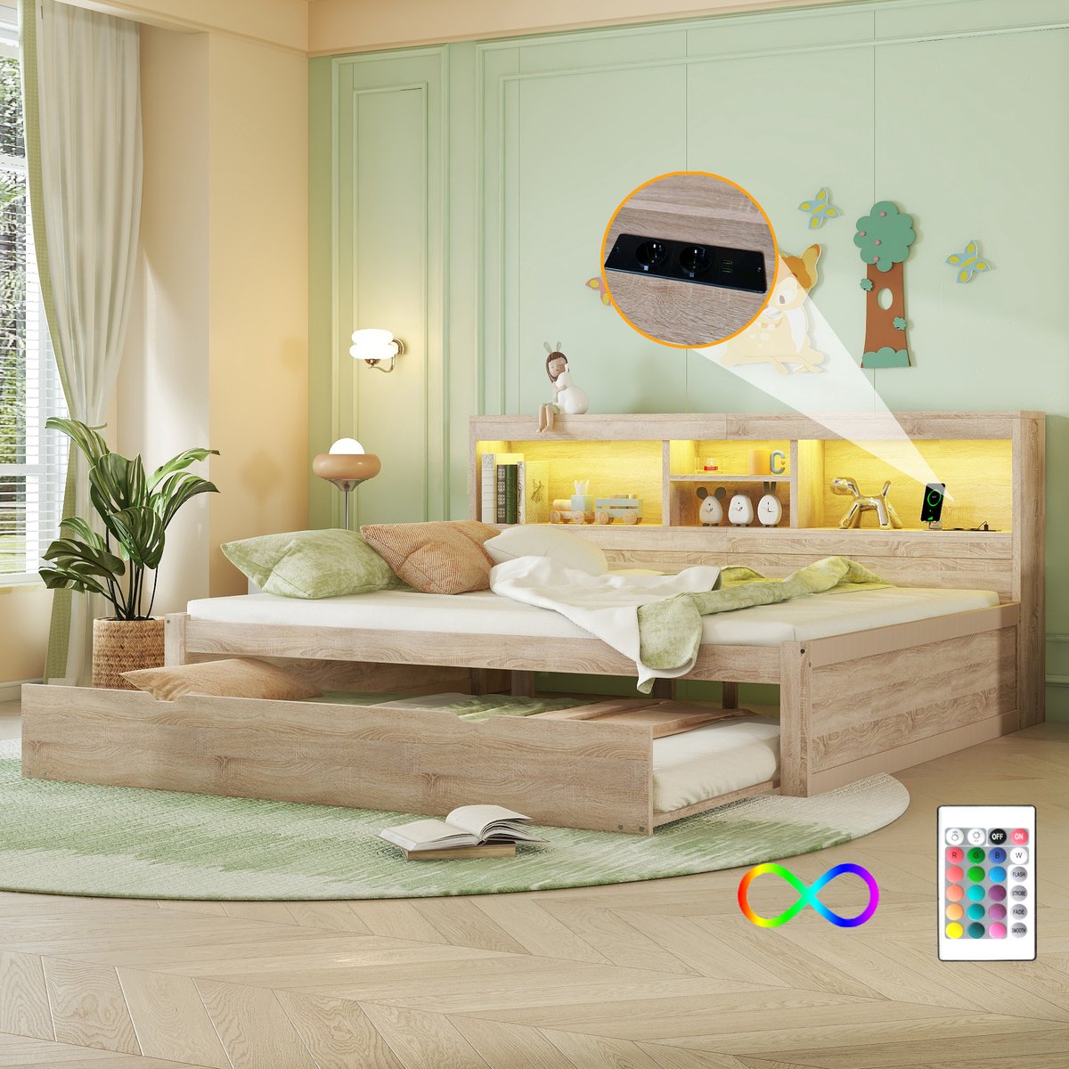 Dagbed 140x200 cm - slaapbank met uitschuifbed en opbergvak - tweepersoons - naturel - LED-sfeerverlichting met afstandsbediening - stopcontact en USB-poorten - zijvakken voor opbergruimte