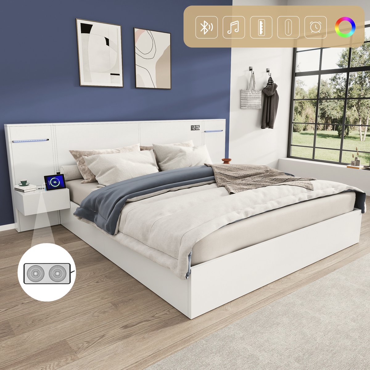 Houten tweepersoonsbed met Blauwtooth-speaker en LED - slimme slaapkamer - 180x200 cm - wit - met USB-A, USB-C en elektronische klok - inclusief 2 nachtkastjes - geïntegreerde lattenbodem