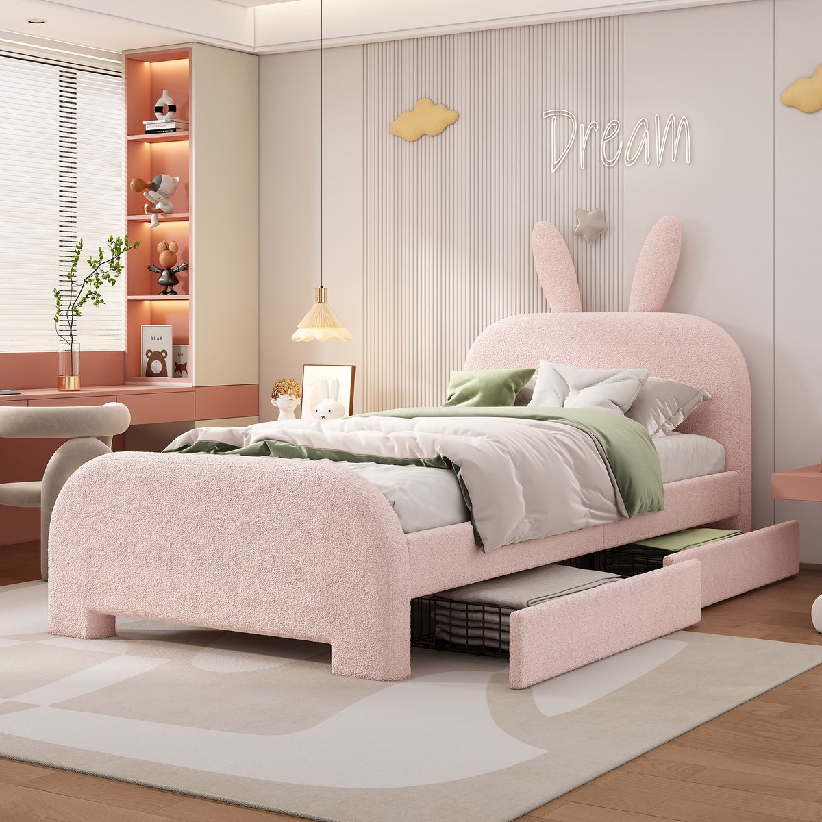 Gestoffeerd kinderbed in konijnvorm met 2 opberglades en zacht hoofdeinde - 90x200 cm - 1 persoon - Roze - Zachte pluche bekleding - Huidvriendelijk - Inclusief houten lattenbodem