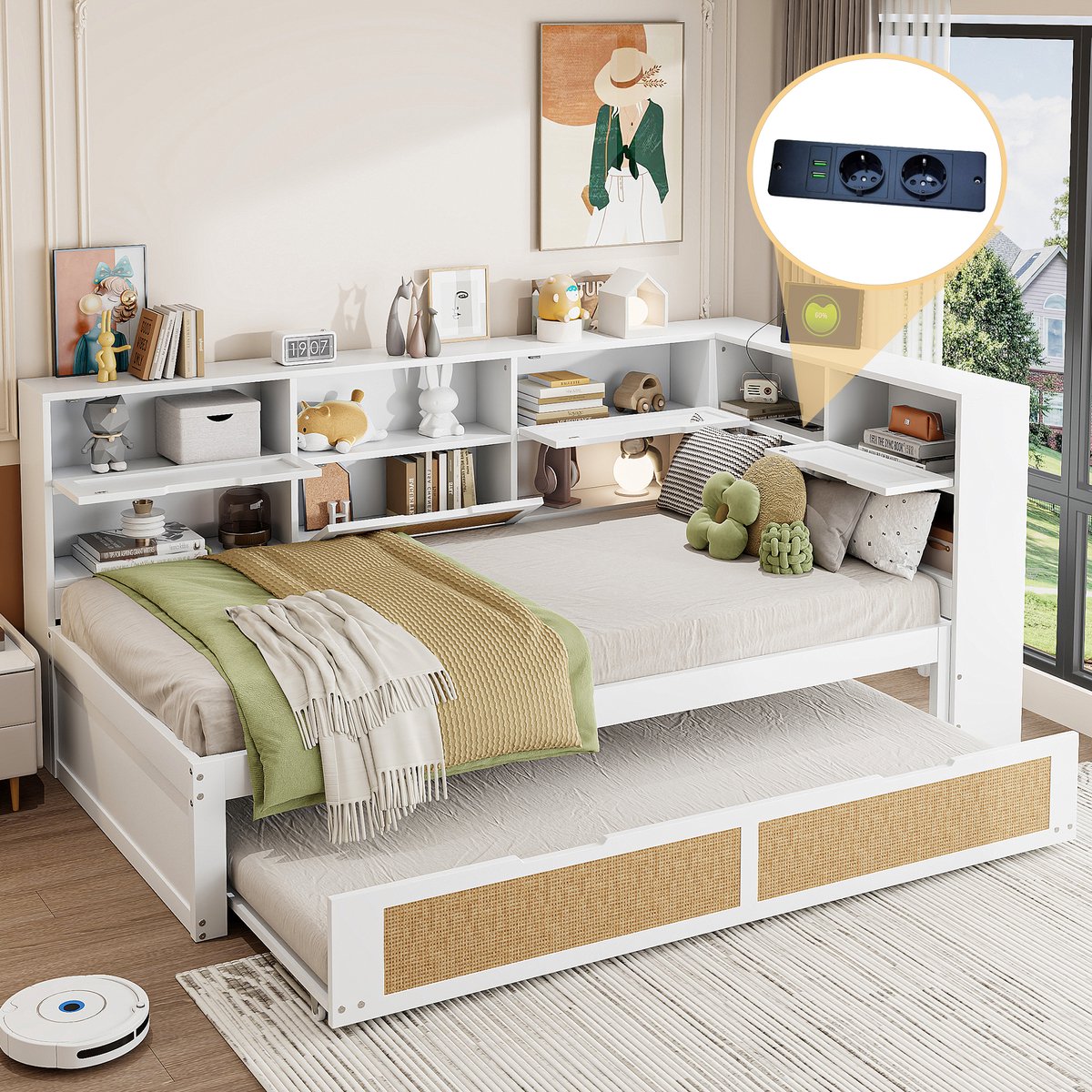 Houten slaapbank met uitschuifbed - multifunctioneel dagbed voor gasten - 90x200 + 90x190 cm - Wit - USB/stopcontact en opbergvakken - Inclusief lattenbodem