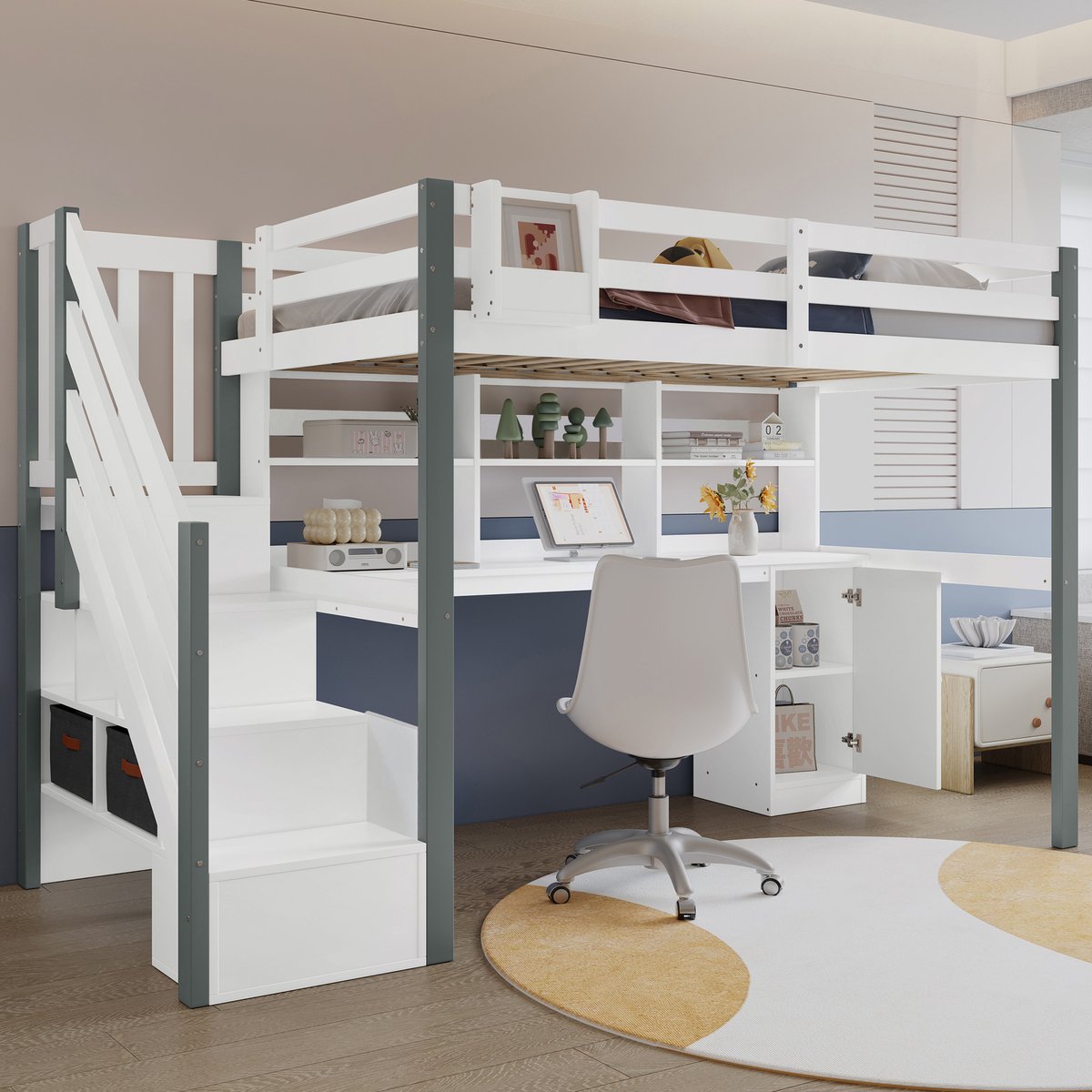 Halfhoogbed met bureau en stoffen opbergboxen - 90x200 cm - Wit+Grijs - Geïntegreerde werkplek, open boekenkast en opbergvakken - Uitneembare bedbox - EN747 gecertificeerd