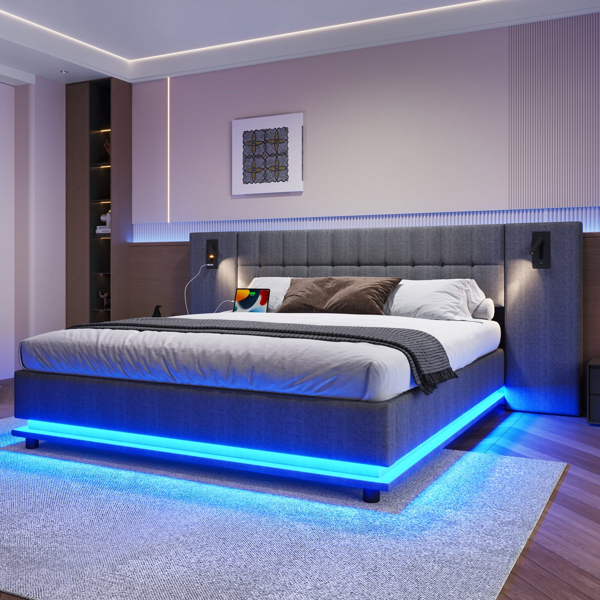 Gestoffeerd bed 180x200 cm met LED, spots en USB - modern tweepersoons - grijs linnen - hoofdeinde met leeslampjes en oplaadpoort - sfeerverlichting onder het bed - stevig MDF frame