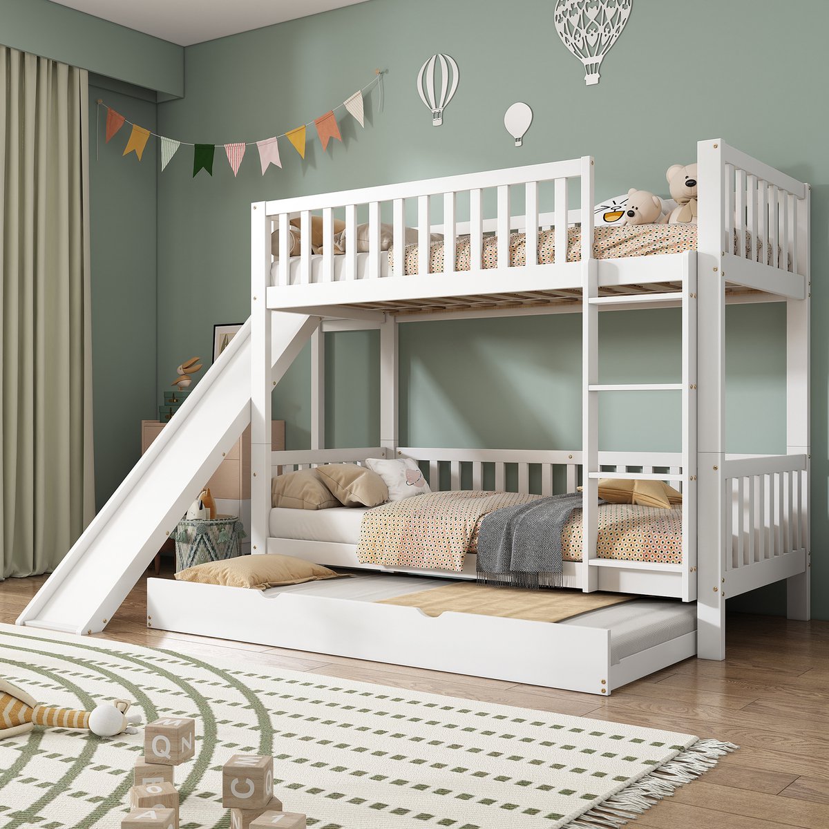 Kinder stapelbed met glijbaan en uitschuifbed - speels en ruimtebesparend voor kinderen - 90x200 cm + 90x190 cm - wit - 4-tredige ladder en valbeveiliging - legplanken en massief grenenhout