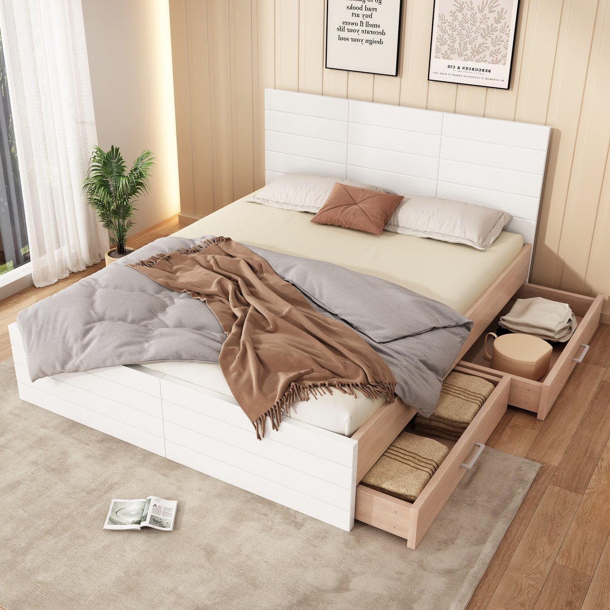 Houten tweepersoonsbed met 2 uitwisselbare lades - Opbergruimte en structuurdesign - 160x200 cm - Wit en eiken - Verzonken lattenbodem en 19 cm opberghoogte - Inclusief lattenbodem