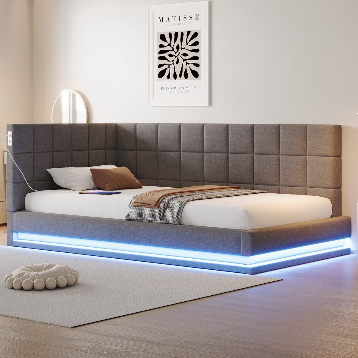 Slaapbank 90x200 cm - multifunctioneel meubel voor zitten en slapen - Grijs linnen - App-gestuurde LED-verlichting - Ingebouwde USB-oplaadpoort - Inclusief stevige lattenbodem