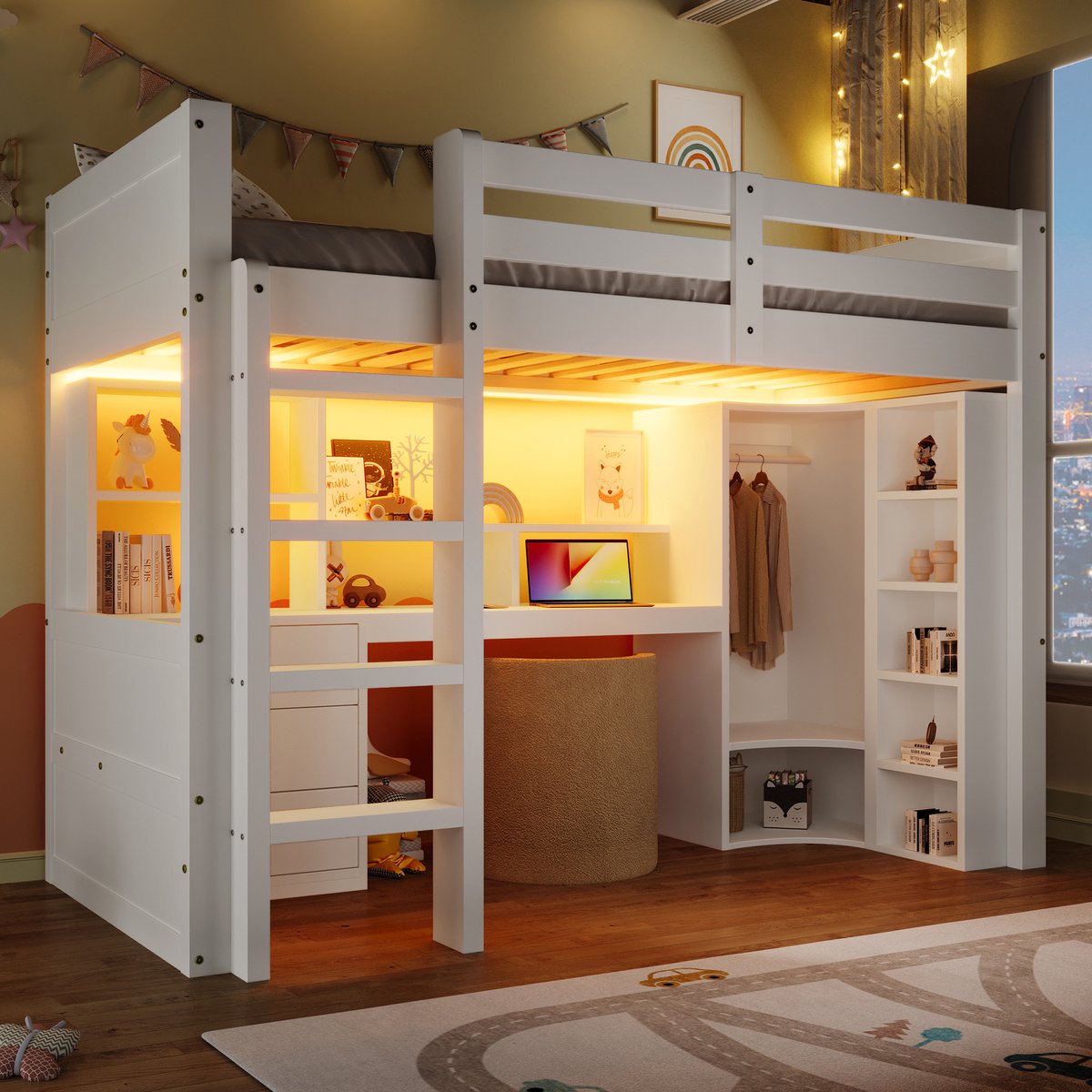 Kinderhoogbed 90x200 cm - met LED-verlichting, kledingkast, bureau, lades en opbergvakken - wit massief grenen - compleet werkstation onder het bed