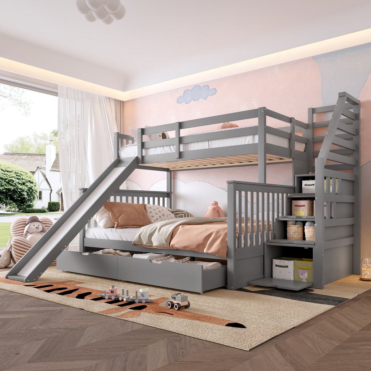 Kinderstapelbed met glijbaan en opberglades - 90x200 cm boven, 140x200 cm onder - Grijs - Veilige omheining en stevige trap - Massief grenen frame - Geschikt als speel- en slaapplek voor kinderen