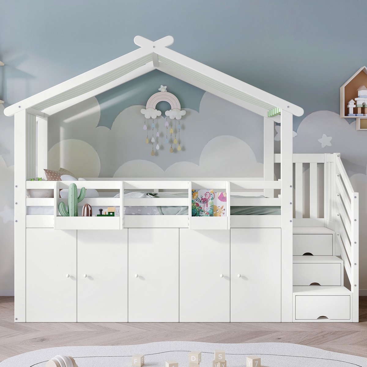 Kinder stapelbed in huisvorm - Puntdak, opbergtrap en kledingkast - 90x200 cm - 2 slaapplaatsen - Wit en groen - Veiligheidshekken rondom - EN747 gecertificeerd
