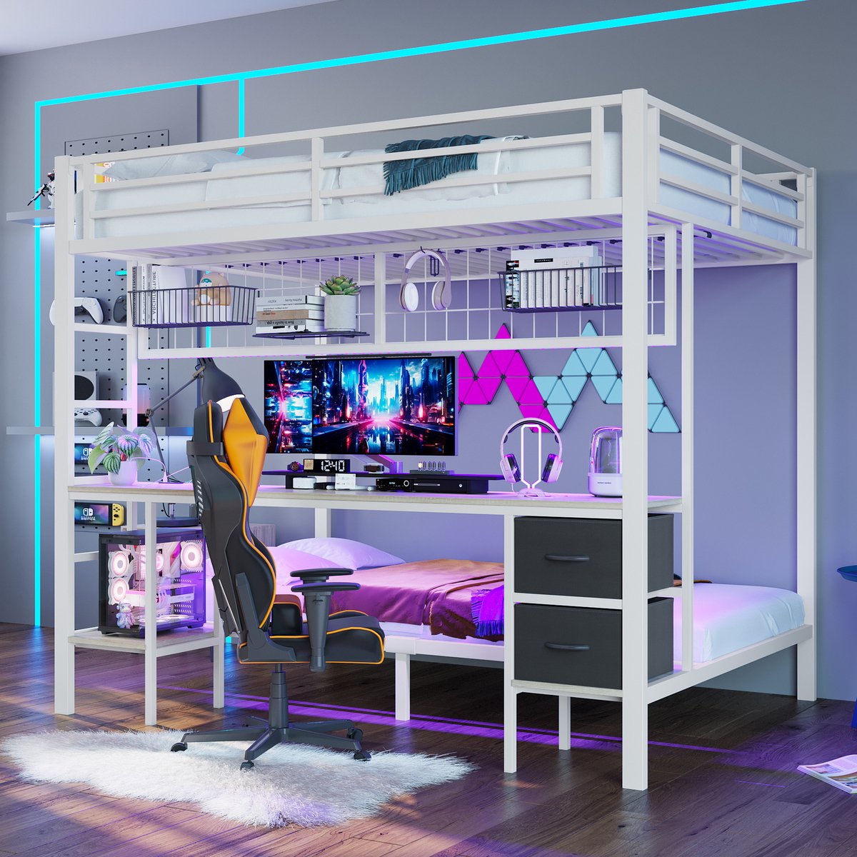 Hoogslaper met bureau, 7-kleuren LED en USB - stalen frame met opberging - 140x200 cm - wit - laden, planken en ophangrooster - stille en stabiele constructie