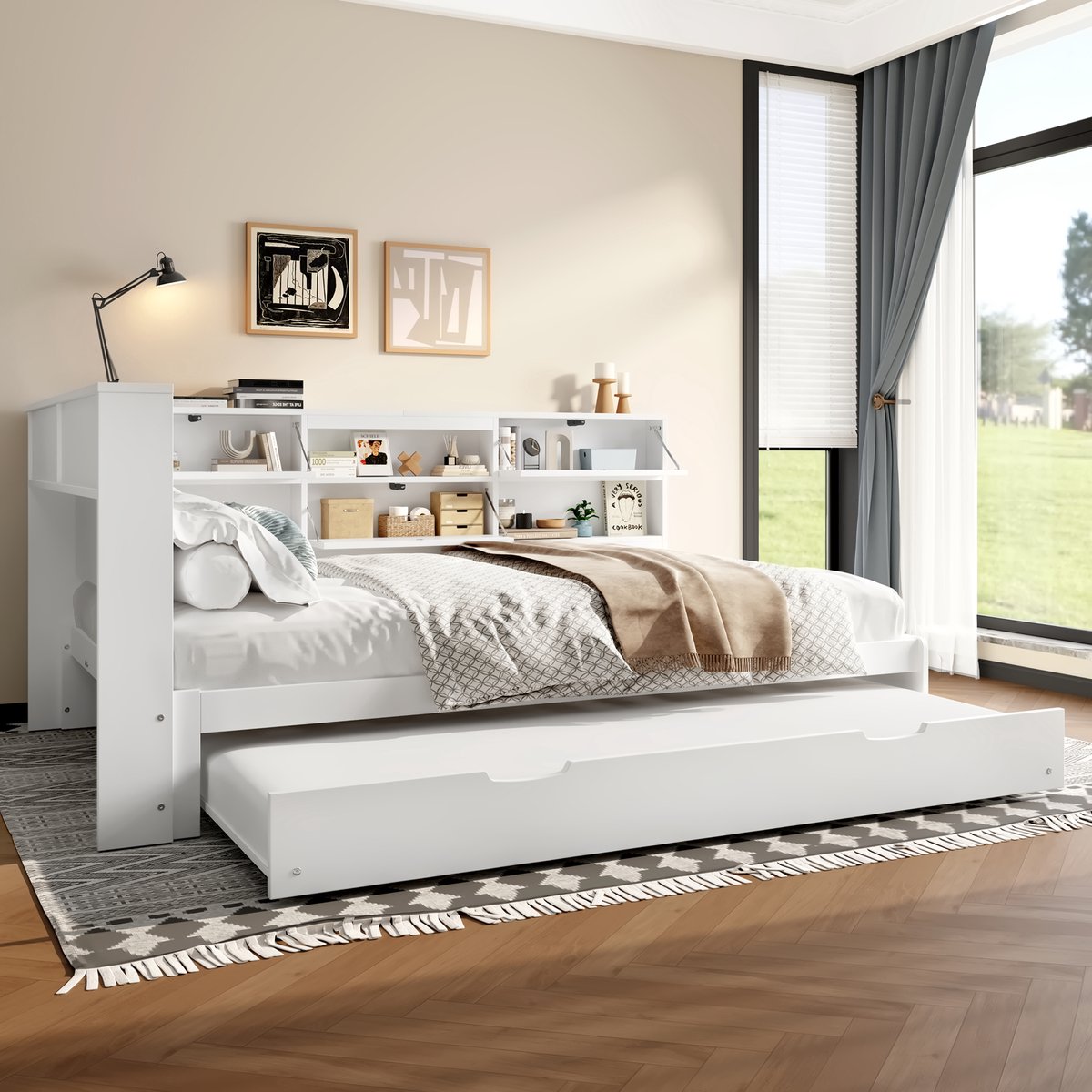 Dagbed 140x200 cm - slaapbank met uitschuifbed en opbergvakken - tweepersoons - wit - USB/Type-C-oplaadpoorten in L-vormig hoofdeinde - massief grenen frame