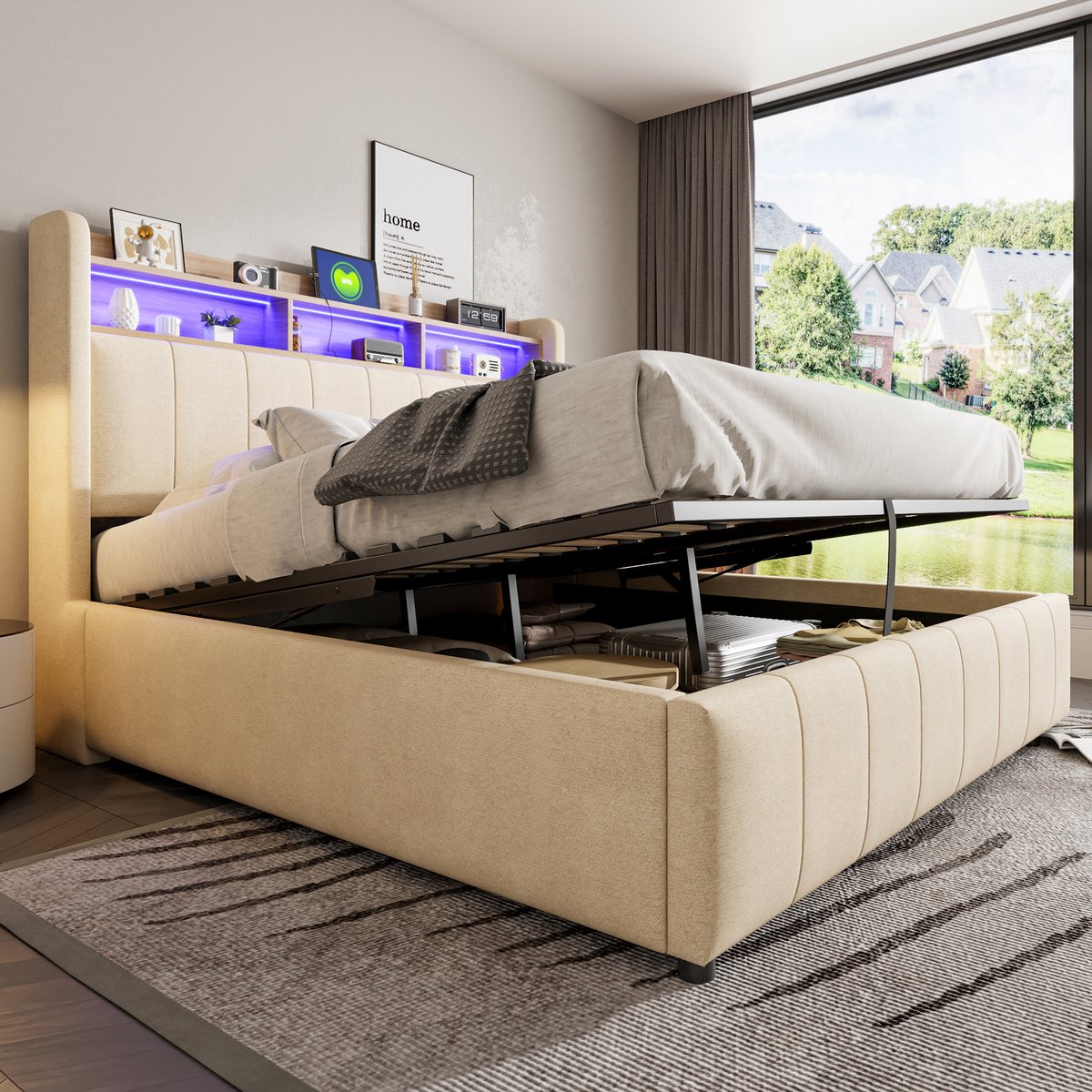 Gestoffeerd opbergbed met LED en USB - 160x200 cm - Beige - Hydraulische opbergruimte - Opbergvakken in hoofdeinde - Inclusief lattenbodem - Stabiel frame tot 250 kg