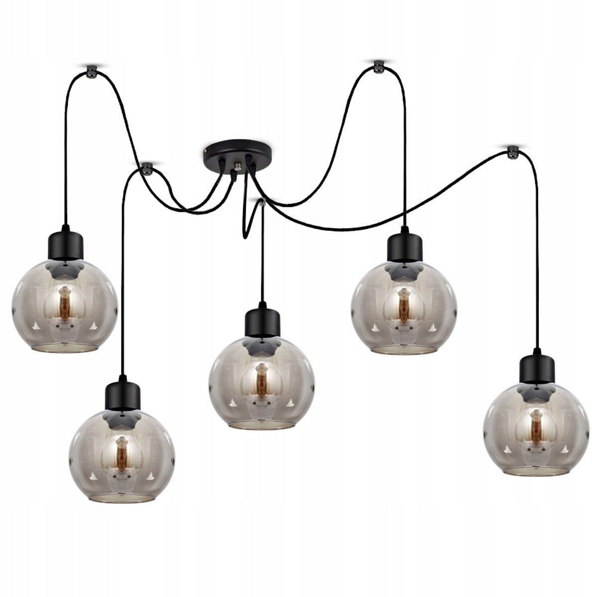 Glazen Hanglamp Spider met 5 Kappen - Zwart Mat