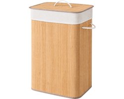 ACAZA Wasmand Met Deksel - 72 - Bamboe - Wasbare Katoenen Waszak - Handvatten - 40 x 30 x 60 cm - Natuurlijk Bruin
