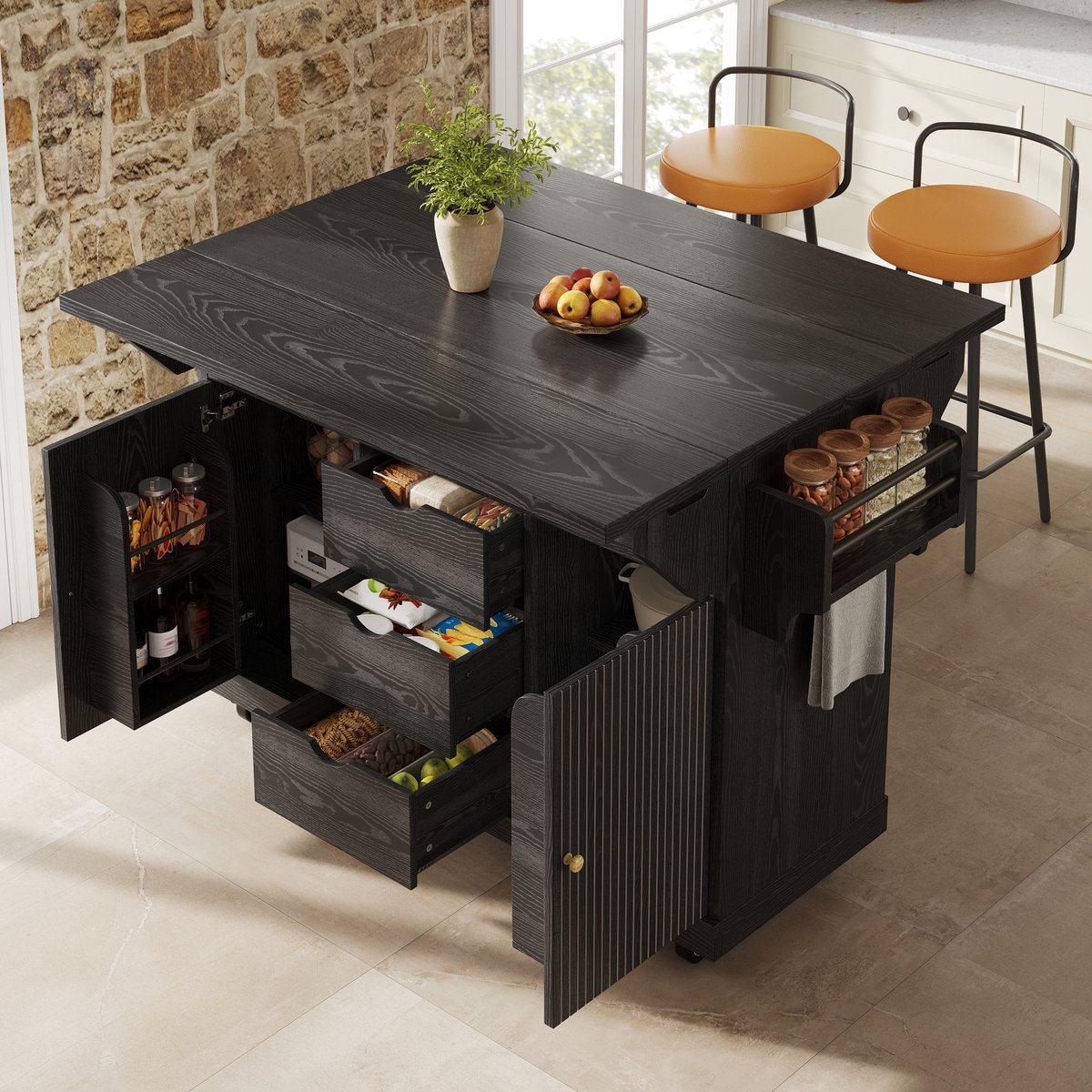 COVREO Bartafel 142,5x80x95 cm zwart MDF, opklapbaar met lades en wielen