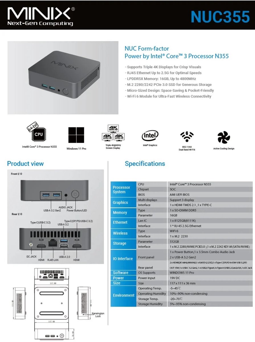 MINIX NUC355 Mini PC - 16GB RAM - 512GB SSD - Intel Core 3 N355 - Windows 11 Pro - Triple 4K Display - 2.5G LAN & Wi-Fi 6 - Krachtige & Stille Compacte Desktop Computer thumbnail 5