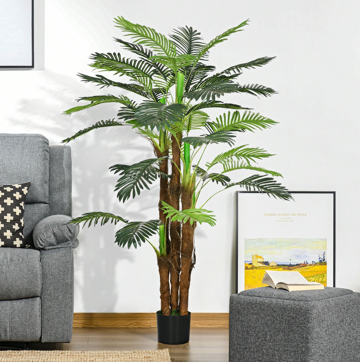 REDOM - Kunstplant Kunstpalme - Met 36 takken en 5 stammen - Flexibel vormbaar - Met stabiele cementgevulde pot - Voor binnen & buiten - Kunststof - 160 cm