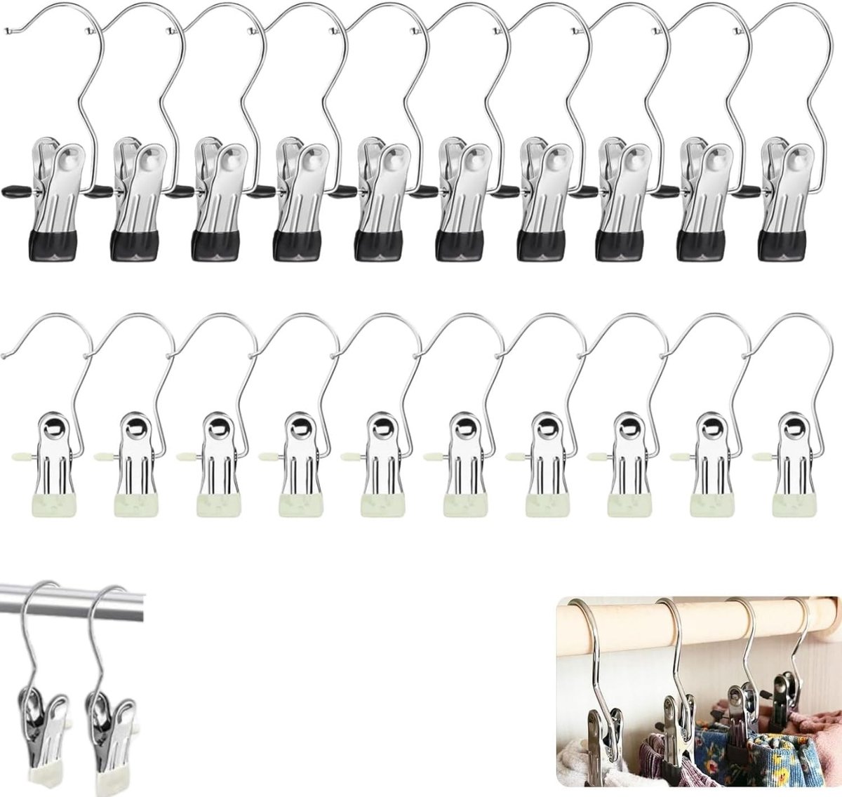 Roestvrijstalen Kledingknijpers - 20 Stuks Antislip Sokclips en Handdoekclips met 360° Draaifunctie voor Kleding, Handdoeken en Sokken