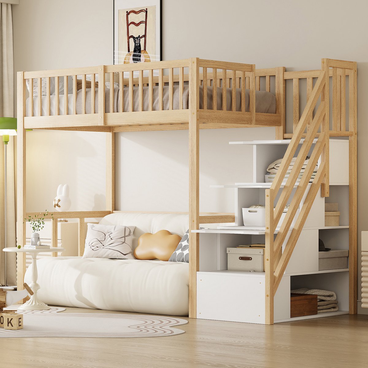 Houten Hoogslaper 90x200 cm - Met Ladder - Met Opbergruimte - Naturel Hout