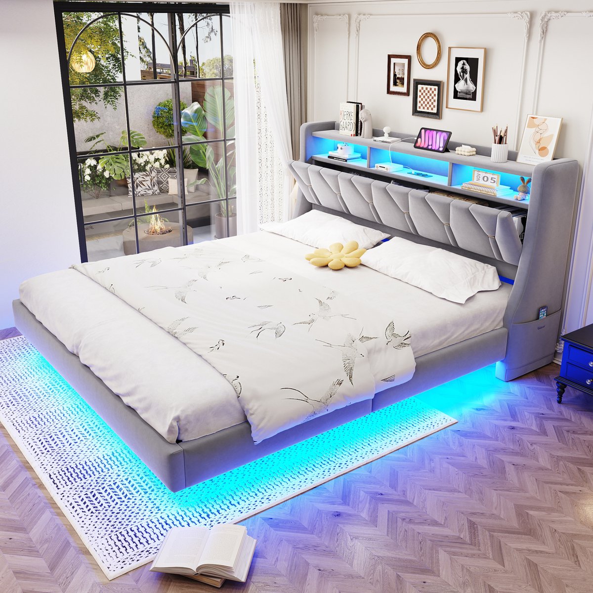Gepolsterd Bed 180x200 cm - Met Opbergruimte - Met LED-verlichting - Met Stopcontact - Light Grijs