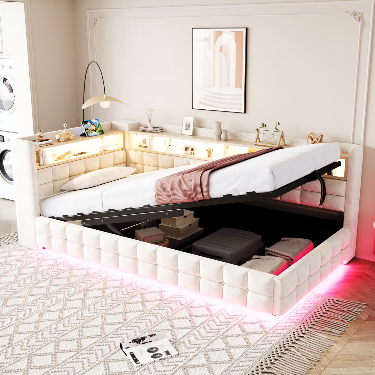 Slaapbank 90x200 cm - Met Opbergruimte - Met LED-verlichting - Met USB-aansluiting - Beige