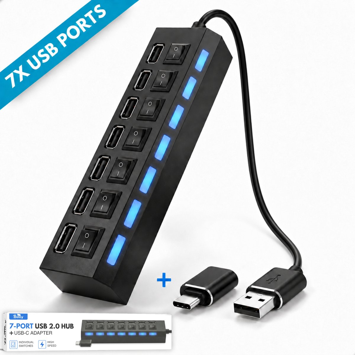 Boncy® Premium USB Hub - 7 Poorten met Aan/Uit Switch - USB Splitter Inclusief USB C Converter - USB Hub 3.0 / 2.0 met LED Indicator - 7x USB A - Voor Laptop & PC
