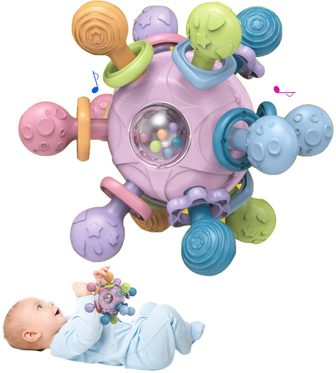 VONKELIOS®Bijt- en rammelspeelgoed, sensorisch speelgoed en vroege stimulatie, Montessori tandengom-speelgoed, verlicht tandpijn tijdens het doorkomen van tanden, vermindert vingerzuigen, fopspeen voor baby.