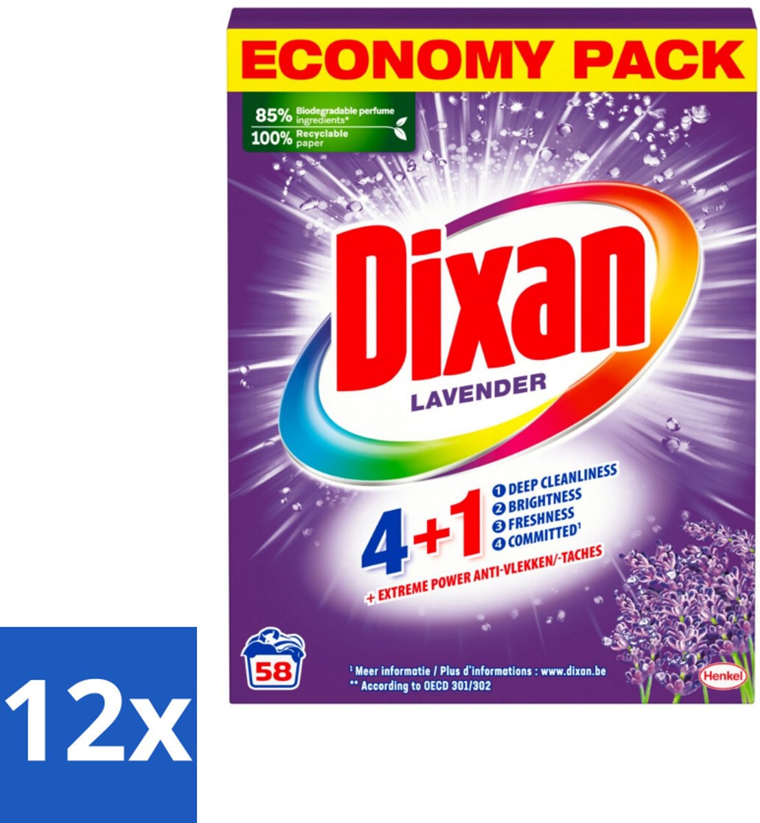 12 x Dixan - Waspoeder en Vlekverwijderaar - Witte en Gekleurde Was - Lavendel - 58 Wasbeurten - Waspoeder - Lavendelgeur - Vlekkenverwijderaar - Witte Was - Lichtgekleurde Was