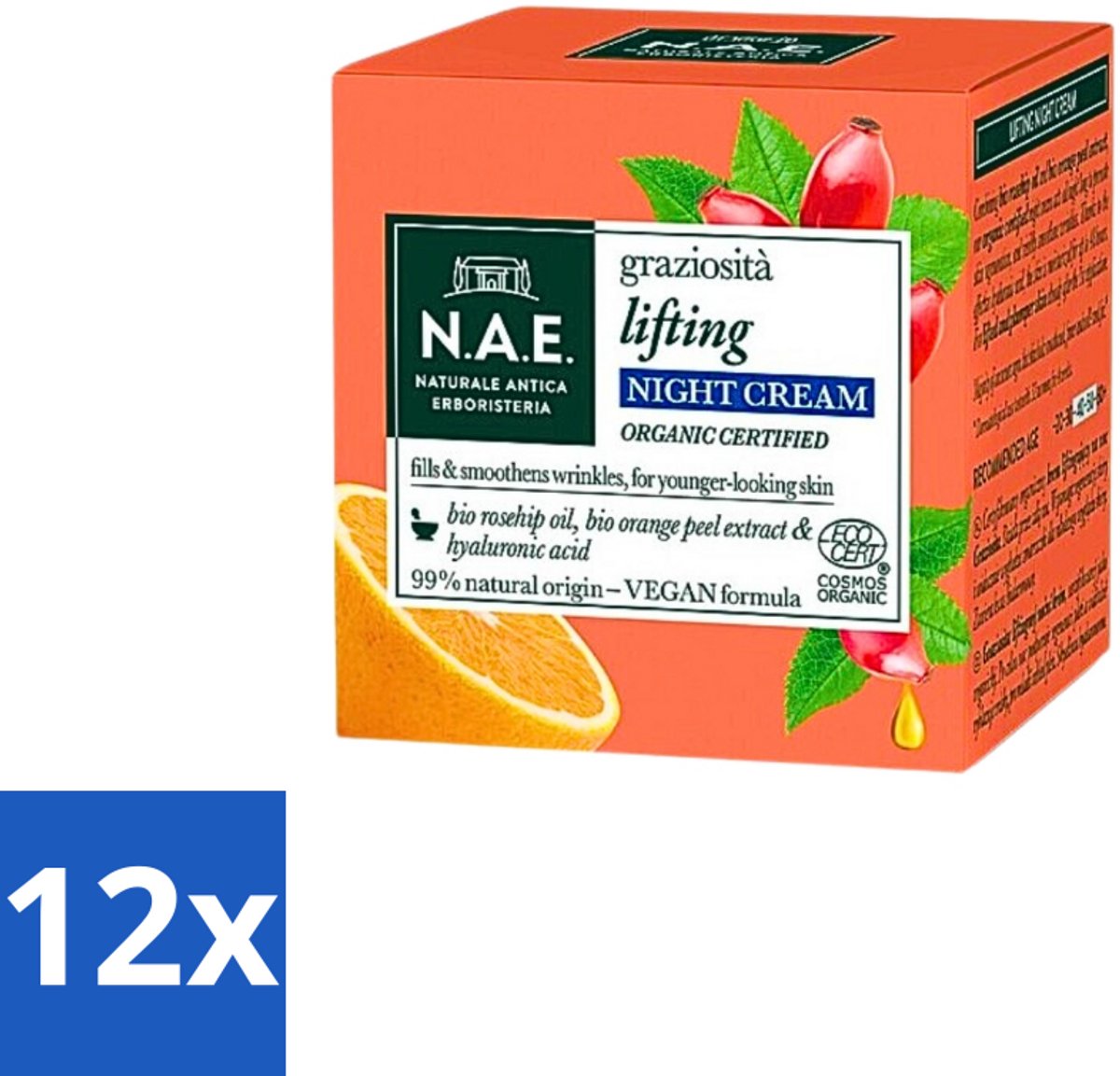 12 x N.A.E. Graziosita Lifting Nachtcrème - Vegan & Biologisch - Hydraterend & Verjongend effect - 50ml - Nachtcreme - Anti-rimpel - Hydraterende Creme - Vegan Creme - Biologische Creme