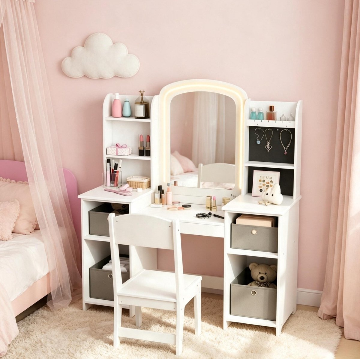 COVREO Kinderkaptafel set 104x40x112 cm wit hout - 1 stoel - LED spiegel - opbergruimte