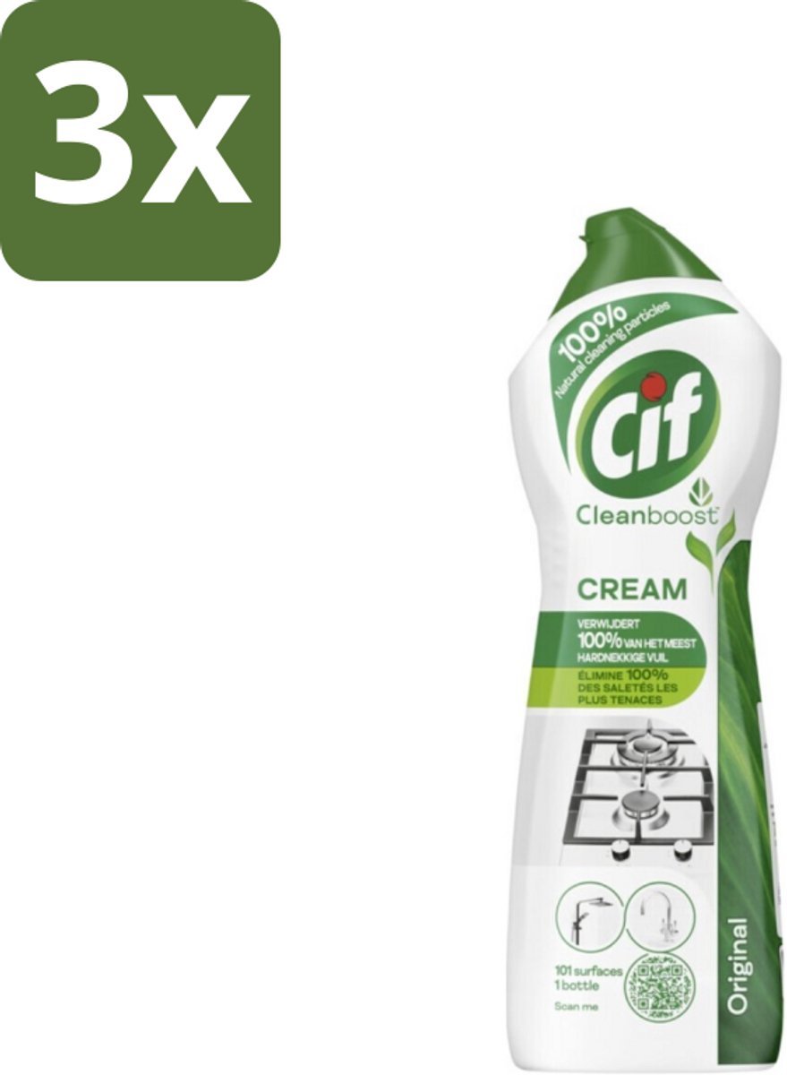 3 x Cif Cleanboost - Original - Poetsmiddel - 750 ml - Schoonmaakmiddel - Reinigingscrème - Hardnekkig Vuil - Vlekken Verwijderen - Streepvrij