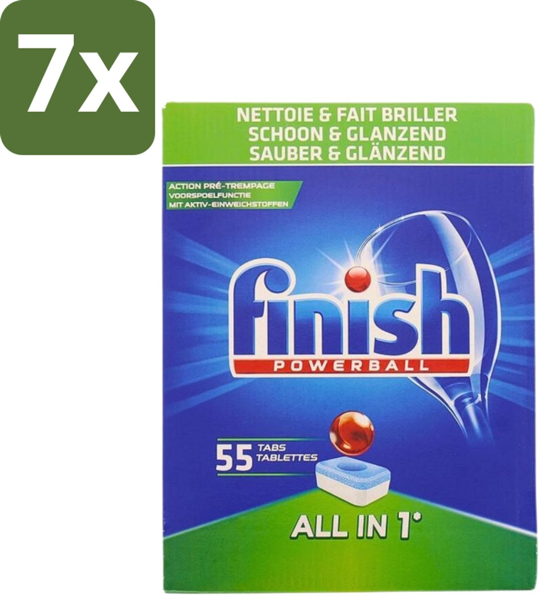 7 x Finish Powerball - All in 1 - Vaatwastabletten - Schoon & Glans - 55 Tabletten - Vaatwasmiddel - Vaatwastablet - Vaat Reinigen - Glans Behouden - Vaat Reinigen Zonder Voor Spoelen