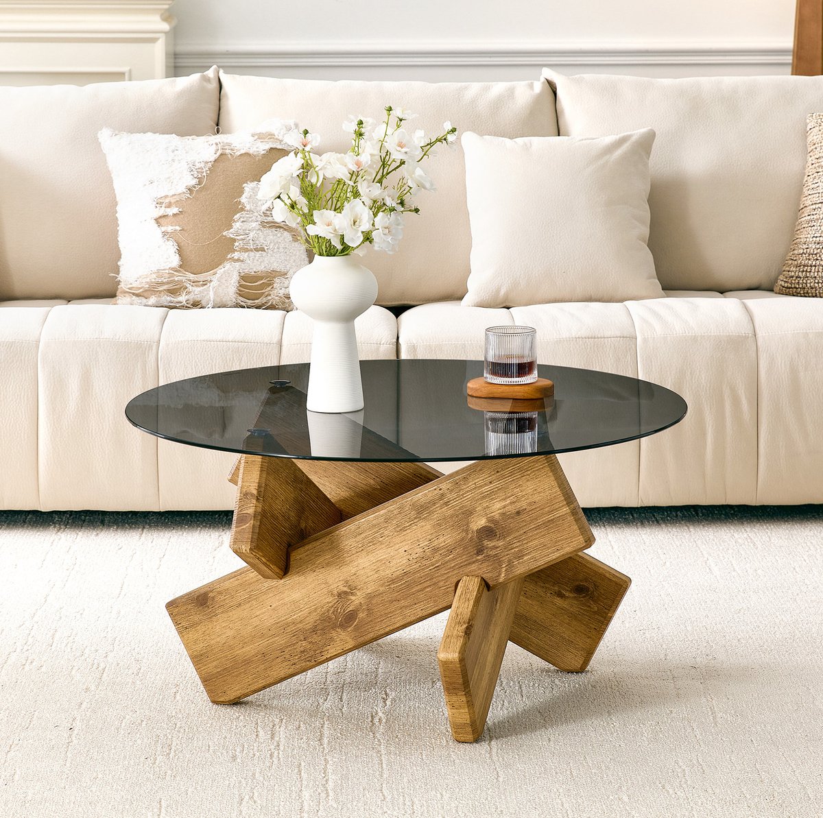 Salontafel - Ronde Tafel Met Gehard Glazen Blad En Stabiele Houten Look Basis - Modern Voor Woonkamer - MDF En Glas - 79x79x45 Cm - Wood