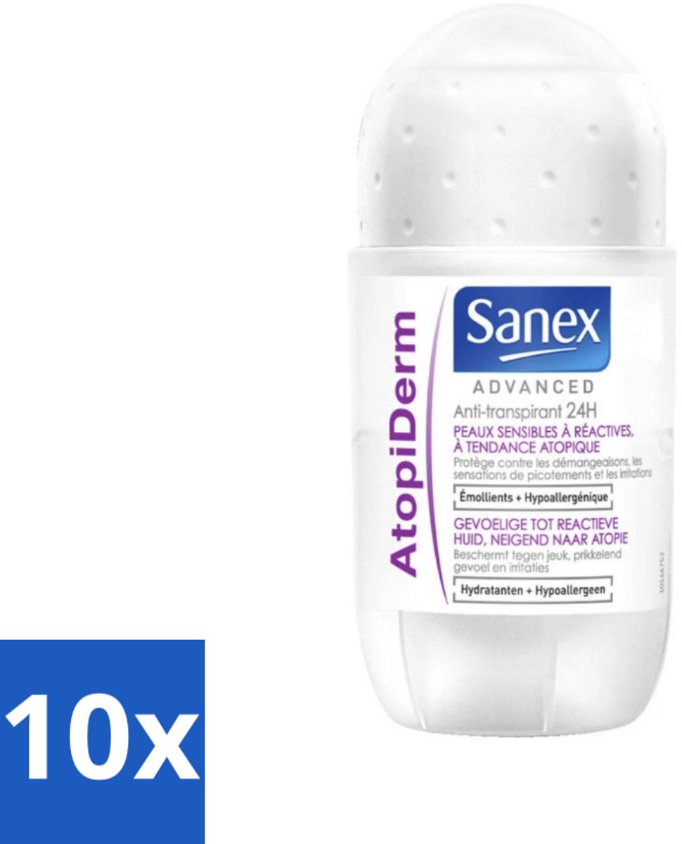 10 x Sanex Advanced - Gevoelig - Deodorant Roller - 24h Anti-Transpirant - Geavanceerd Atopiderm - 50 ml - Gevoelige Huid - Gevoelig Deodorant - 24h Bescherming - Atopiderm - Huidbarrière