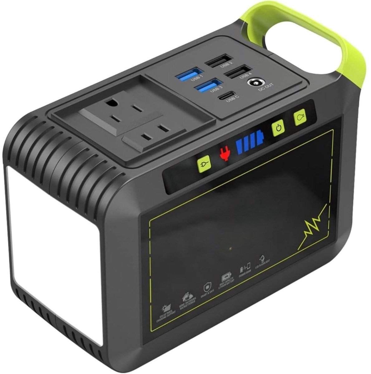Klarven® Stroomgenerator Groen-Zwart - Draagbare 88 Wh Powerbank - AC, USB, Sigarettenaansteker, Zaklamp - B 12 x D 8 x H 17 cm