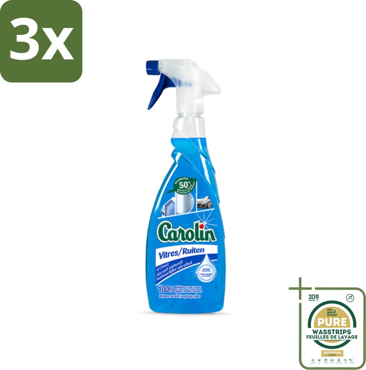 3 x Carolin - Glas- en Ruitenreiniger - Met Natuurlijke Alcohol - 650 ml - Grootverpakking - Glas Reiniger - Ruiten Reiniger - Natuurlijke Alcohol - Schone Ramen - Streeploze Glans
