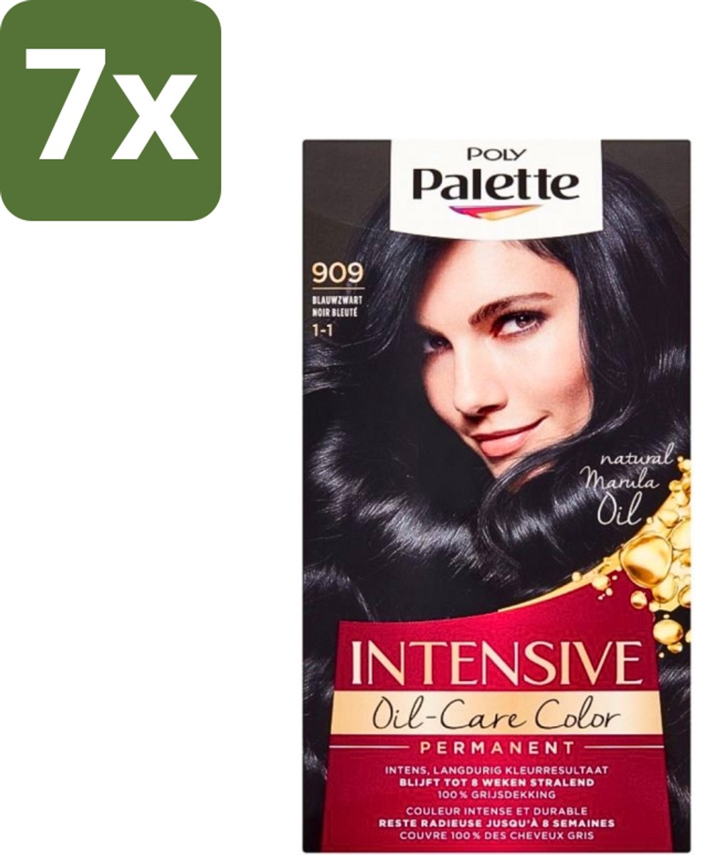 7 x Poly Palette - Haarverf - Blauw Zwart 909 - 115ml - Haarverf - Blauw Zwart - Haarkleur - Langdurige Kleur - Grijsdekking