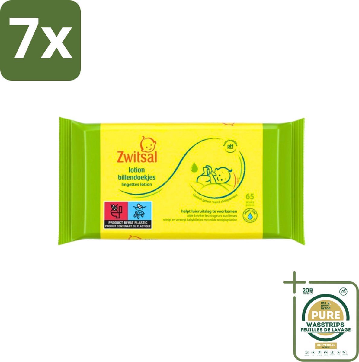 7 x Zwitsal - Babyverzorging - Billendoekjes Lotion - Voor de Gevoelige Babyhuid - 65 Doekjes - Grootverpakking - Babyhuid Verzorging - Luieruitslag Voorkomen - Zwitsal Lotion - Billendoekjes Lotion - Zachte Babyhuid