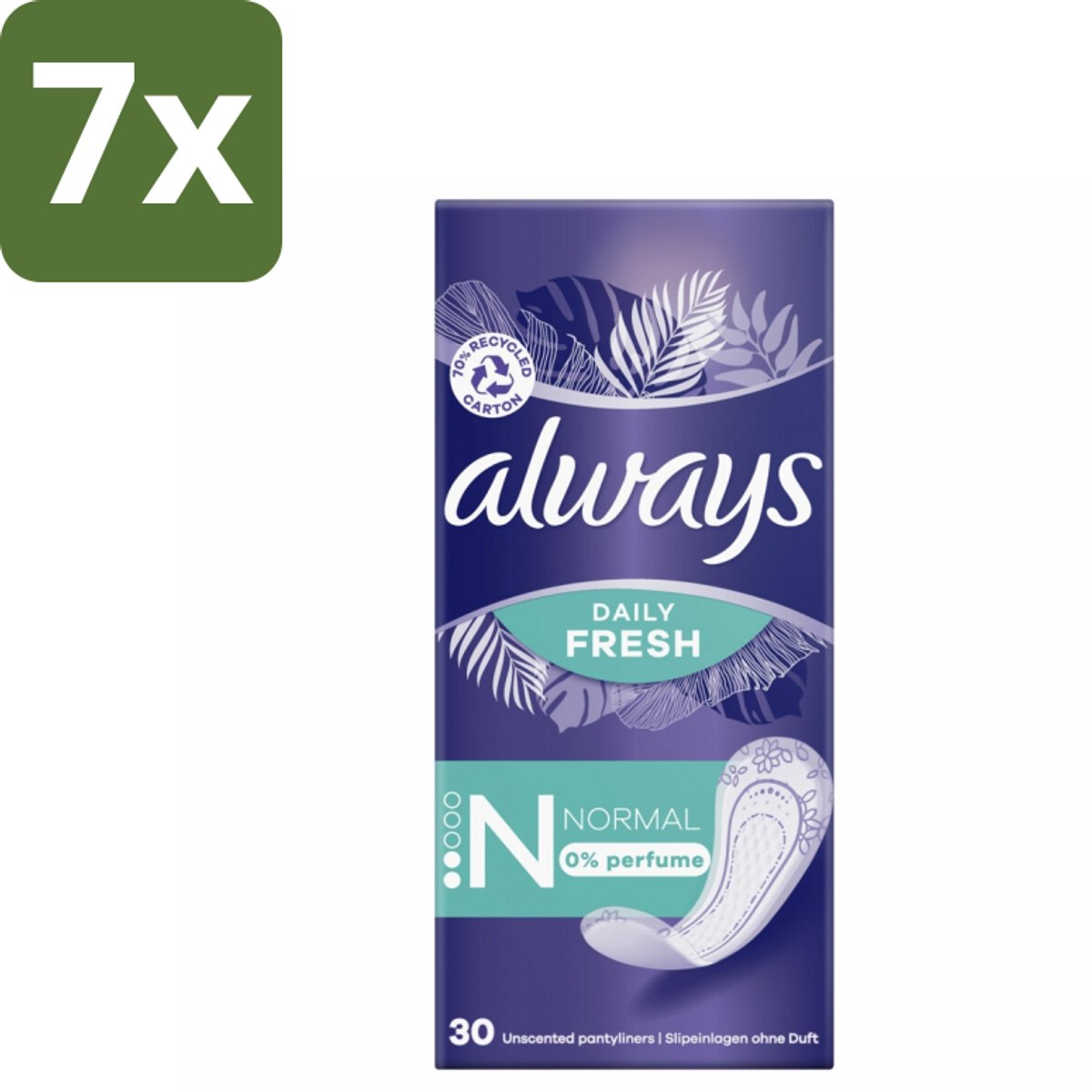 7 x Always Daily Fresh - Inlegkruisjes - Normaal - Ongeparfumeerd - 30 Inlegkruisjes - Inlegkruisjes - Geurneutralisatie - Actipearls - Dermatologisch Getest - Droog Gevoel
