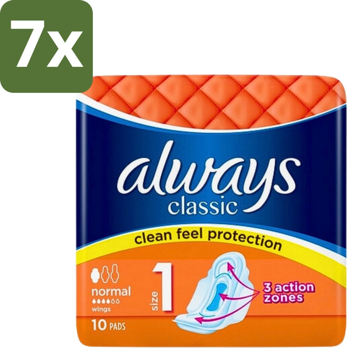 7 x Always Classic - Maandverband - Normaal met Vleugels - 10 Maandverbandjes - Maandverband - Menstruatie - Bescherming - Vleugels - Normale Menstruatie