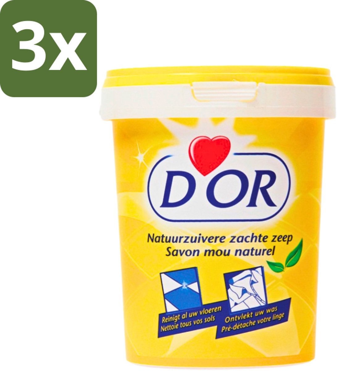 3 x D'Or - Natuurzuivere Zachte Zeep - Vast Zeepmiddel - Voor Vloeren en Was - 1 kg - Natuurlijke Zeep - Reiniging - Vlekverwijdering - Vloer Reinigen - Wasgoed Reinigen