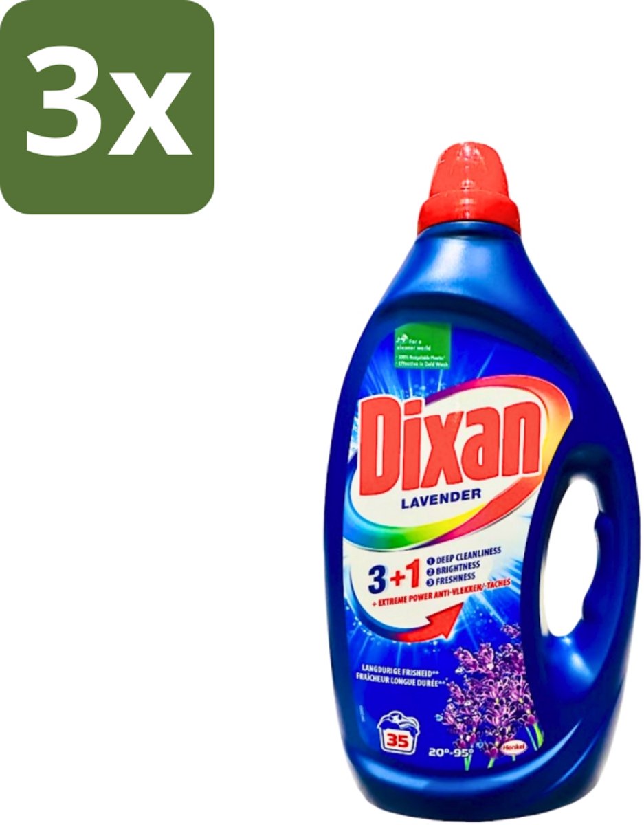 3 x Dixan - Vloeibaar Wasmiddel en Vlekverwijderaar - Witte en Gekleurde Was - Lavendel - 35 Wasbeurten - Vloeibaar Wasmiddel - Vlekverwijderaar - Wasmiddel Voor Witte En Gekleurde Stoffen - Lavendelgeur - Wasmiddel Voor Kleding