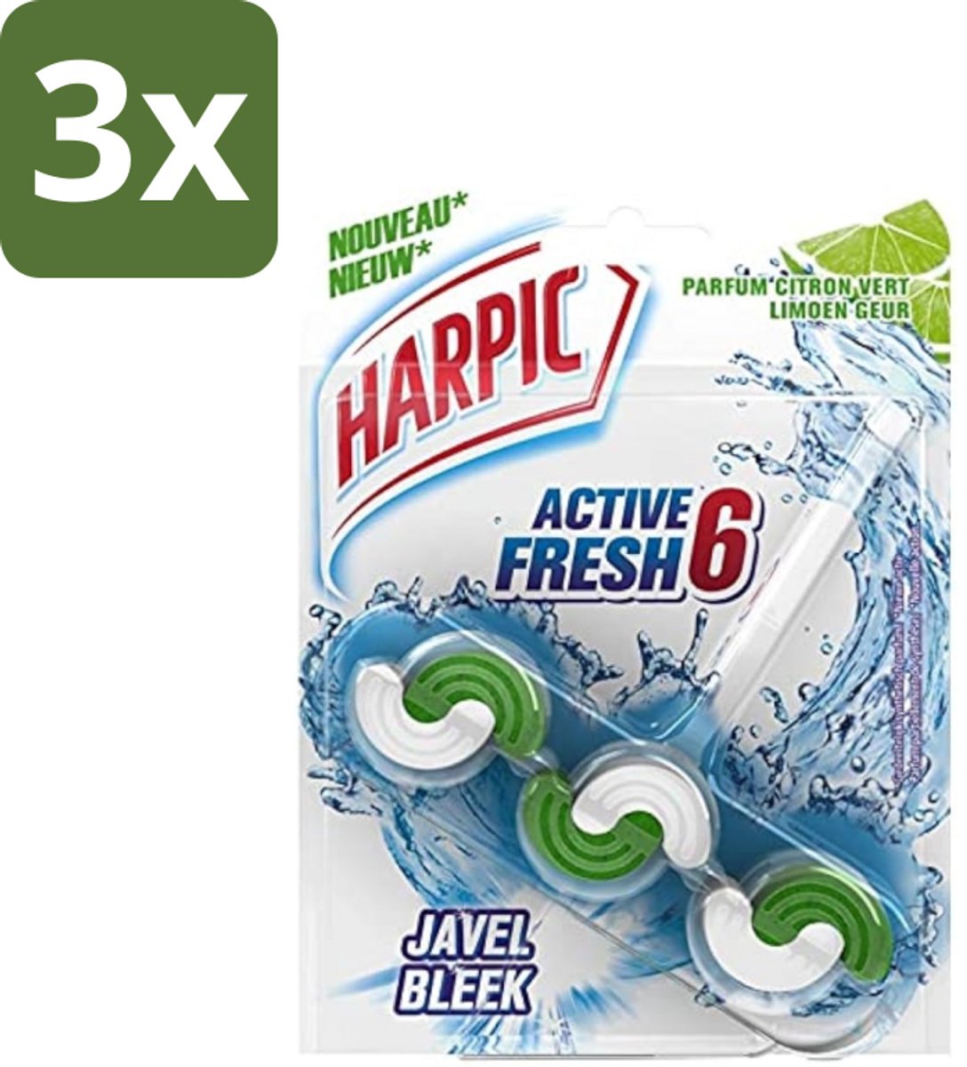3 x Harpic Active Fresh - Toiletblok - Limoen - Met Bleek - 1 Blok - Toiletblok - Toilet Reinigen - Bleek - Limoen - Toilet Hygiëne