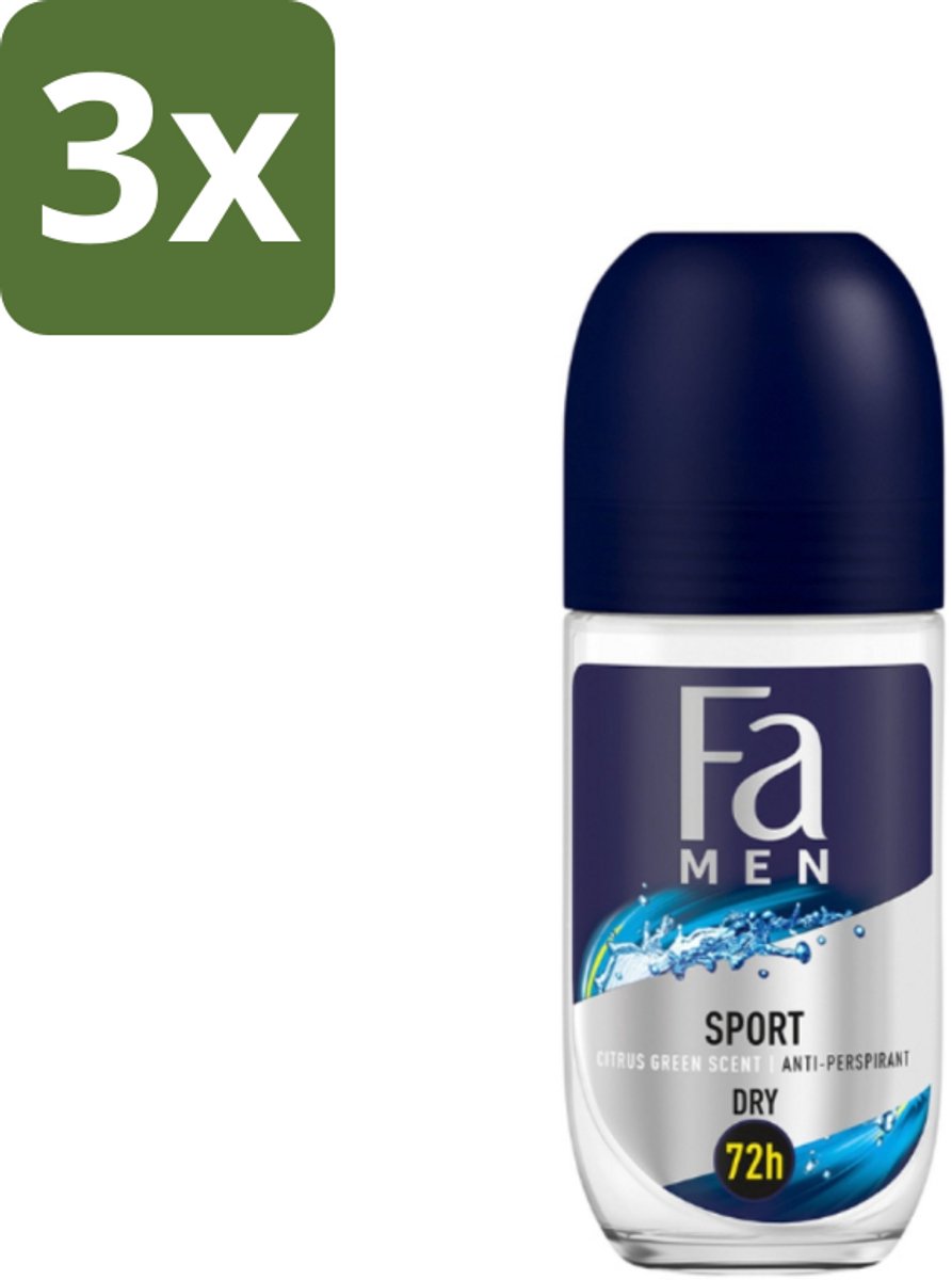 3 x Fa Men - Sport - Deodorant Roller - Citrus Green - 50 ml - Sport Deodorant - Citroen Geur - Mannelijke Deodorant - Frisse Geur - Huidbescherming